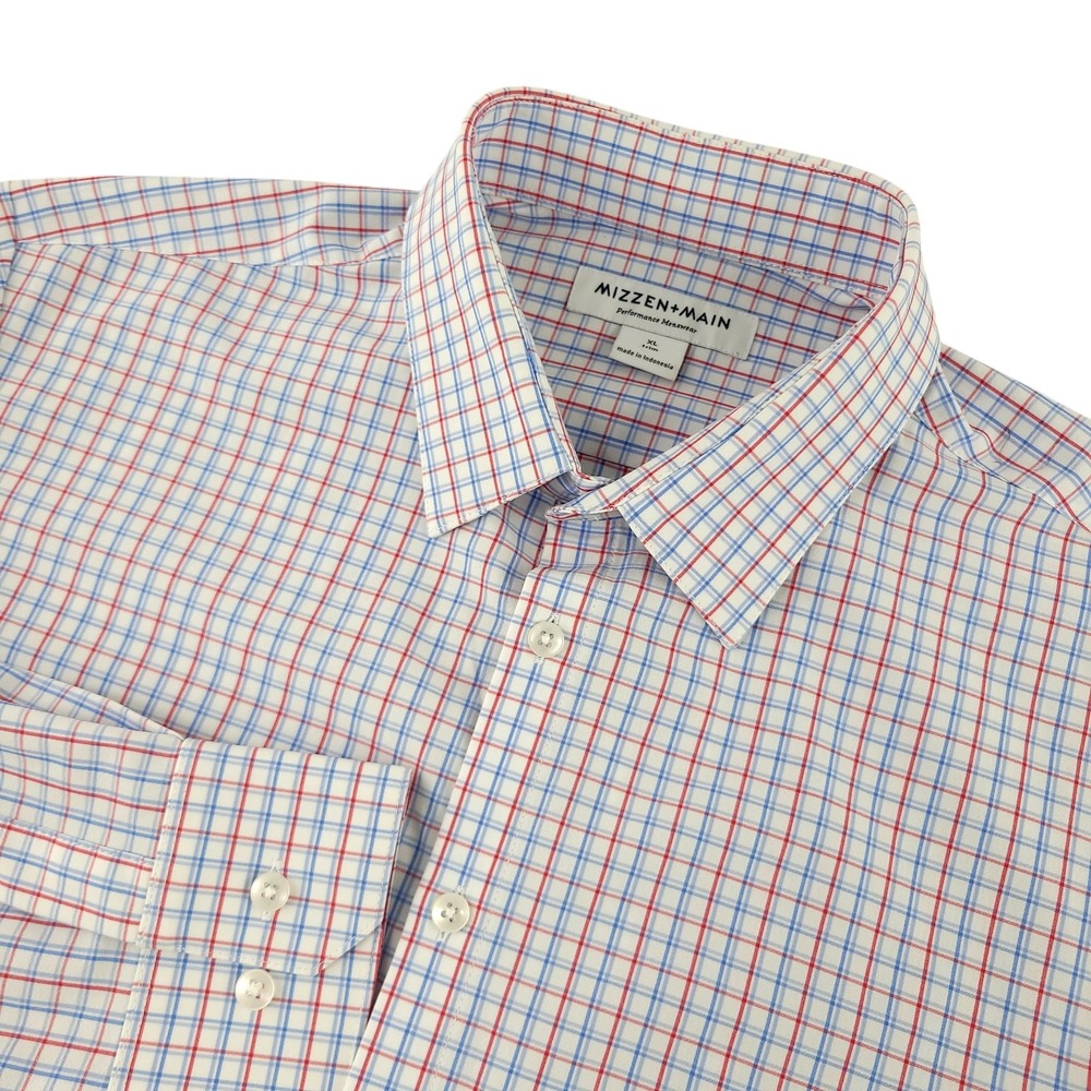 Mizzen+Main Dress Shirt Mens XL Red Blue Check Slim Fit Performance Stretch
